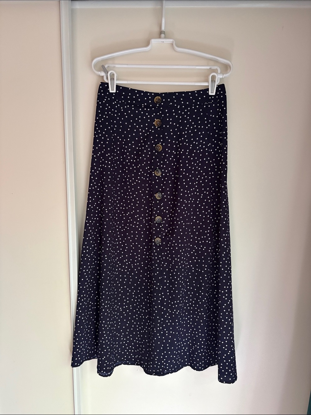 Button-Front Navy Polka Dot Midi Skirt